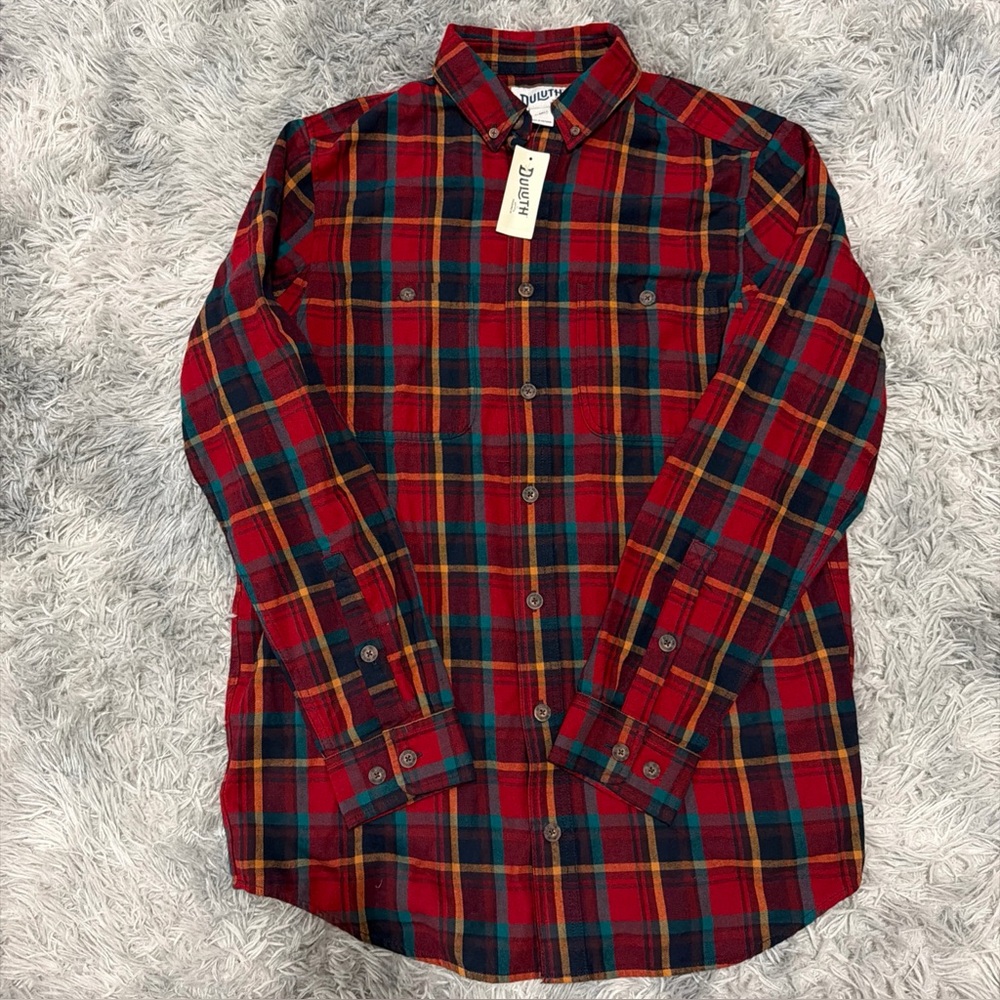 Duluth Trading Co Flannel Shirt Mens Large Tall Red Plaid Free Swingin Slim Fit